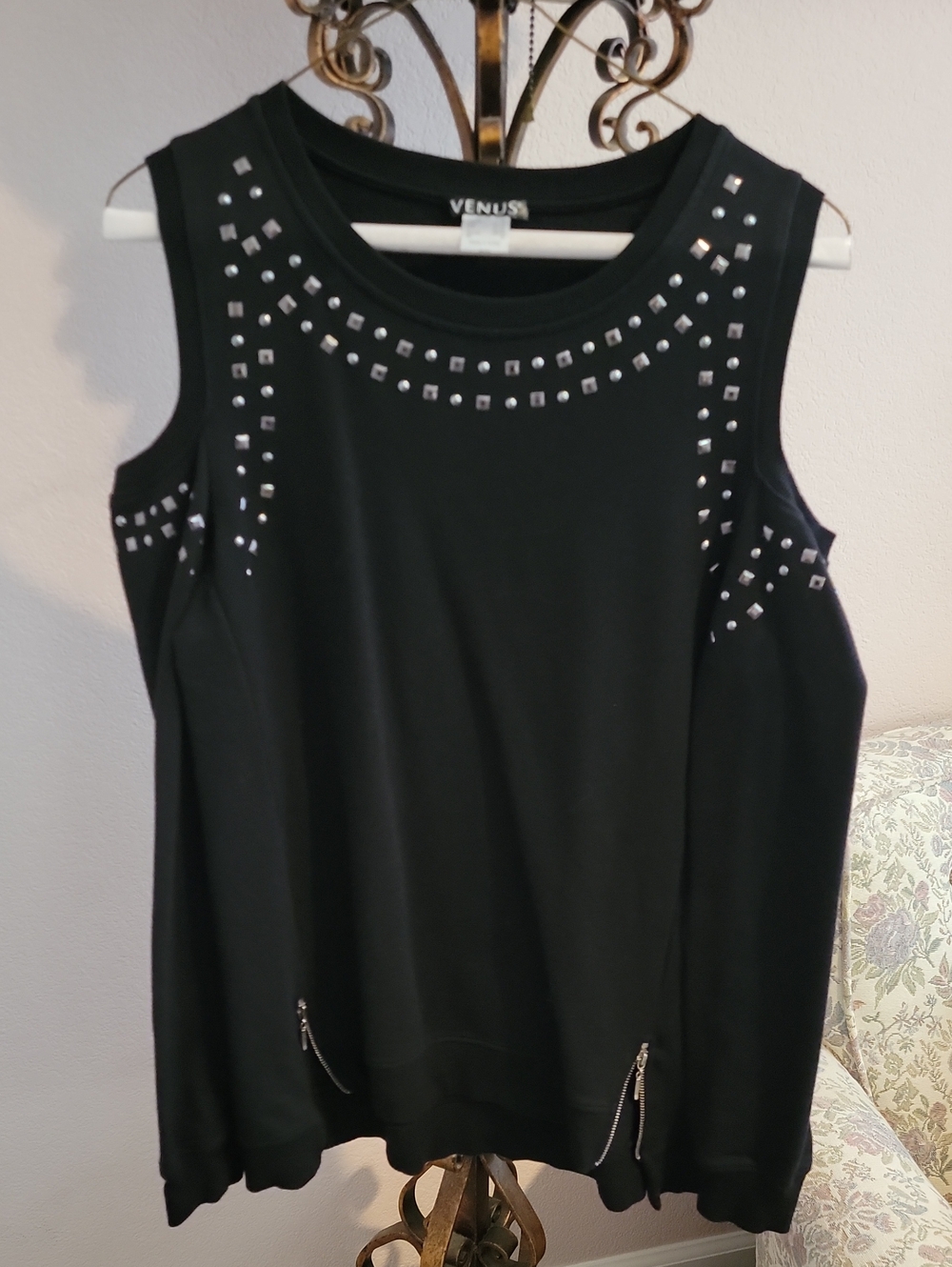 VENUS Black Sleeveless Sweatshirt with Silver Stud Accents